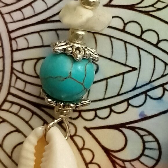 COWRIE SHELL EARRINGS, BLUE MAGNESITE, SILVERY, WHITE HOWLITE - Picture 2 of 7